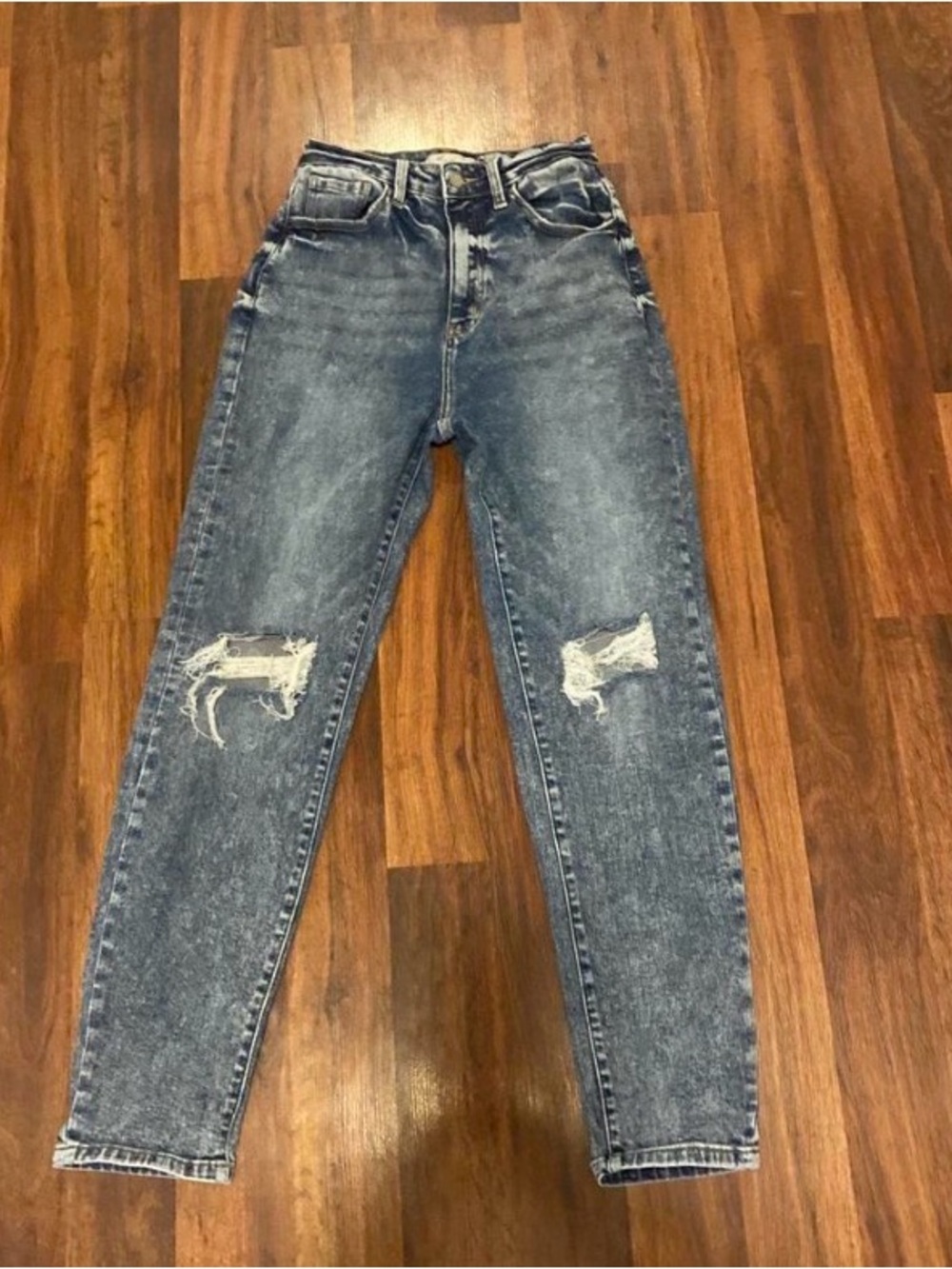 KanCan High-Rise Distressed Mom Jeans in Washed Blue